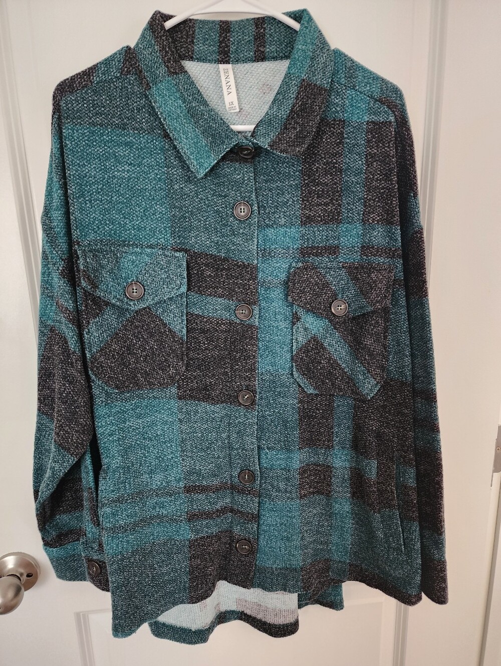 Zenana Teal and Charcoal Plaid Button-Up Jacket With Pockets Size 1x.